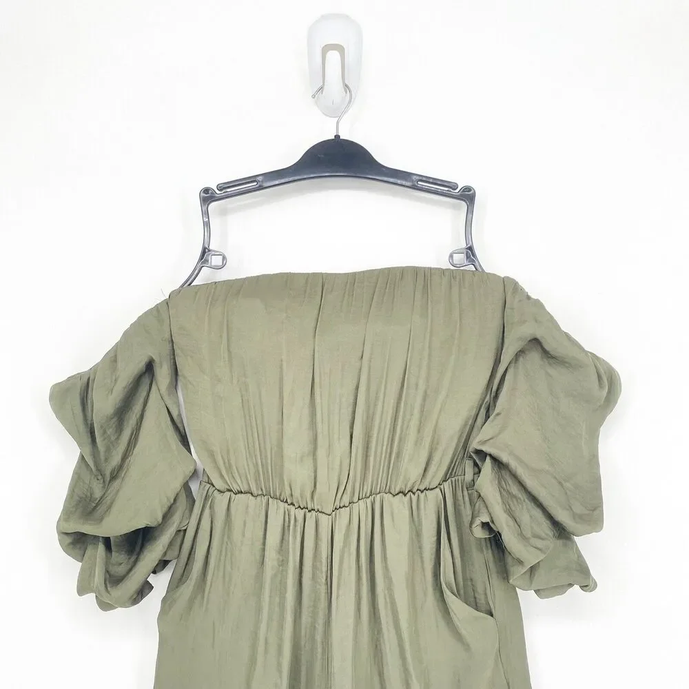 BARDOT Women 4 Caught Sleeve Romper Khaki Green Off Shoulder Playsuit Ruched NEW